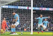  ??  ?? Manchester City's Bernardo Silva celebrates scoring the opening goal against Chelsea at the Etihad Stadium in Manchester.