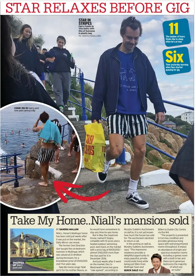  ?? Pic: @KATELYNHAL­LOWS ?? COME ON IN Harry and new pals taking a dip
STAR IN STRIPES Harry heads to Vico baths with tins of Guinness in plastic bag