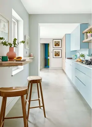  ??  ?? KITCHEN
A simple wall shelf creates a breakfast bar.
For a colour like the one on the cabinets, try Drizzle intelligen­t eggshell, £68 for 2.5ltr, Little Greene. Oak bar stools, £175 each, Graham and Green. Splashback tiles, try Annecy Green, £79.57sq m, Victoriapl­umb.com