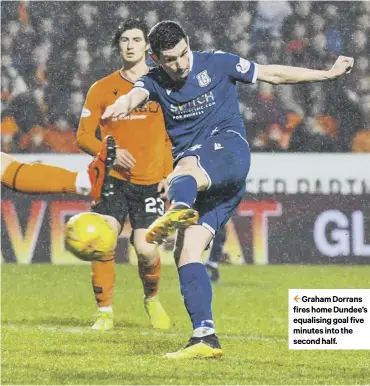  ??  ?? 2 Graham Dorrans fires home Dundee’s equalising goal five minutes into the second half.