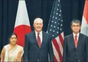  ?? REUTERS ?? Foreign minister Sushma Swaraj, US secretary of state Rex Tillerson and Japan’s foreign minister Taro Kono in New York