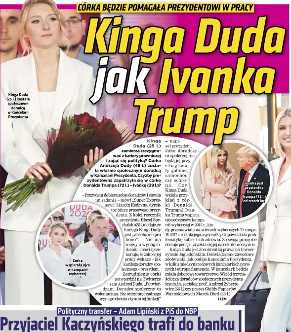  ??  ?? Kinga Duda (25 l.) została społecznym doradcą w Kancelarii Prezydenta
Córka wspierała ojca w kampanii wyborczej
Ivanka jest asystentką Donalda Trumpa (72 l.) od trzech lat