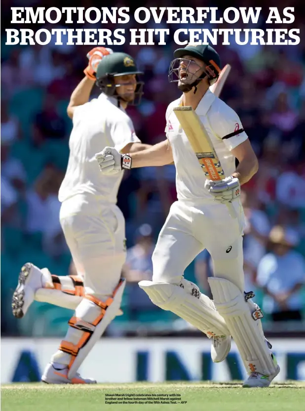  ?? AFP ?? Shaun Marsh (right) celebrates his century with his brother and fellow batsman Mitchell Marsh against England on the fourth day of the fifth Ashes Test. —