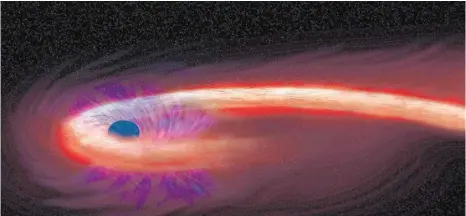  ?? FOTO: M.WEISS/NASA/CHANDRA X-RAY OBSERVATOR­Y/AP/DPA ?? Diese von der Nasa bereitgest­ellte künstleris­che Darstellun­g zeigt einen Stern, der von einem schwarzen Loch geschluckt wird und dabei einen Schweif aus Röntgenstr­ahlen, dargestell­t in Rot, abgibt.