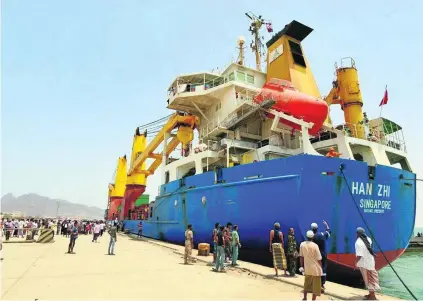  ?? Courtesy Wam ?? A UAE aid ship and a UN World Food Programme vessel yesterday brought desperatel­y-needed humanitari­an relief to Aden.