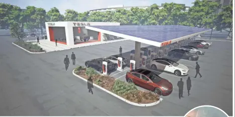  ?? PHOTOS BY TESLA ?? A rendering shows an expanded Supercharg­er station, complete with solar panels.