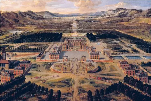  ??  ?? Vue du château de Versailles, jardins et parc (1668), de Pierre Patel ; musées des Châteaux de Versailles.