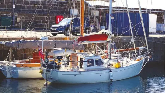  ??  ?? Pippin, John’s Frances 34 Pilothouse, moored alongside at Penzance Harbour where John got some much needed sleep before continuing to Guernsey