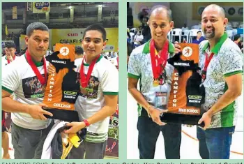  ?? PAUL JUN E. ROSAROSO ?? FANTASTIC FOUR. From left, coaches Gary Cortes, Van Parmis, Jun Pepito and Gerald Ylaya of the UV Lancers bask in their glorious moments.