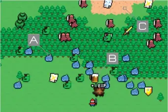  ??  ?? A Monste rs Each randomly placed enemy moves in a predictabl­e pattern. Hit as many as possible to build EXP.
B Items Pick-ups can help you along the way. The beer glass is most useful, as it brings additional heroes to your side.
C Level The trick is...