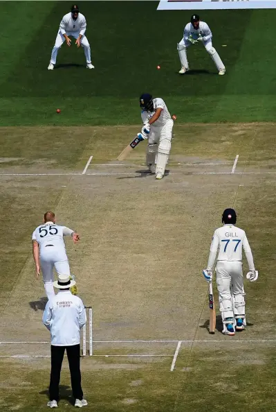  ?? GETTY IMAGES ?? Take that! Stokes bowls India’s Rohit Sharma with his first ball in 251 days