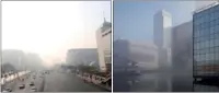  ?? WIKIMEDIA COMMONS XINHUA ?? Left: The Xidan district in Beijing is covered with haze and fog on Jan 1. Right: Early morning mist and smog rises at London’s Canary Wharf in 2014.