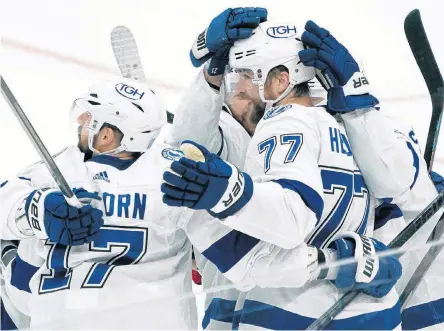  ?? USA TODAY SPORTS ?? Tampa Bay Lightning defenceman Victor Hedman celebrates scoring a goal with Alex Killorn during the first period of game two of the first round of the 2022 Stanley Cup playoffs against the Toronto Maple Leafs at Scotiabank Arena on Wednesday.