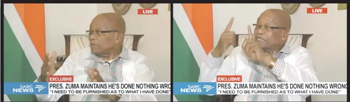  ?? Pictures: SABC ?? DEFIANT. President Jacob Zuma yesterday breaks his silence about his recall, claiming he ‘feels victimised’ and did ‘nothing wrong’ – but the ANC is adamant it is forging ahead to get rid of him today.