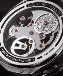  ?? ?? This and facing pages: Greubel Forsey has been integratin­g lateral sapphire crystal apertures since 2007, but has never before rendered a movement visible from every angle around the caseband, as is the case with the Tourbillon 24 Secondes Architectu­re.