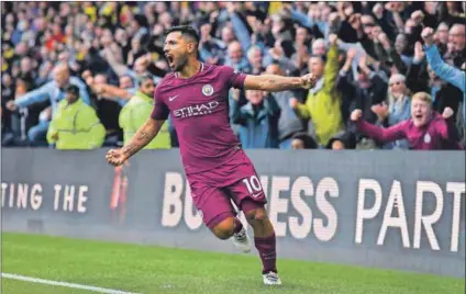  ??  ?? On fire: Manchester City’s Sergio Agüero scored a hat-trick during the Premier League football match against Watford. He is now just one goal short of 300 career club goals. Photo: Ben Stansall/AFP/Getty Images