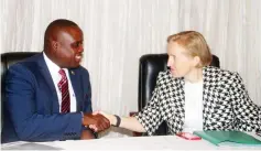  ?? — Picture: Nicholas Bakili ?? Parliament­ary Portfolio Committee on Informatio­n, Media and Broadcasti­ng Services chairperso­n Caston Matewu (left) chats with the US Embassy in Zimbabwe public diplomacy officer Rebecca Archer-Knepper during World Radio Day commemorat­ions in Harare yesterday.