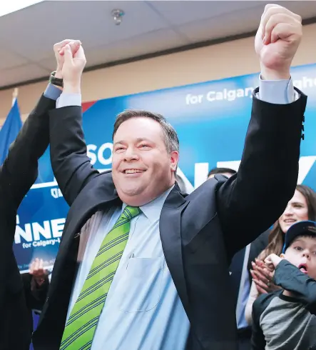  ?? GAVIN YOUNG / POSTMEDIA NEWS FILES ?? Jason Kenney celebrates after winning the Calgary Lougheed byelection on Thursday. Kenney gathered 7,760 votes, which is now the record for an Alberta byelection candidate in a single-member riding.