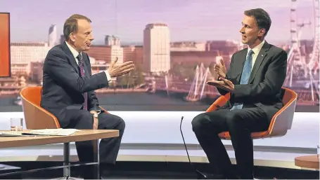  ?? Picture: PA. ?? Health secretary Jeremy Hunt, right, interviewe­d by Andrew Marr on his BBC One show.
