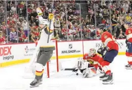  ?? LYNNE SLADKY AP ?? Golden Knights center Chandler Stephenson (20) celebrates after scoring a goal against Panthers goaltender Sergei Bobrovsky during the first period in Game 4.