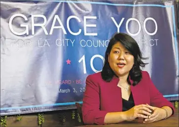  ?? Anne Cusack Los Angeles Times ?? “THE RIOTS told us that greater self-reliance was needed,” says Koreatown attorney Grace Yoo, shown in 2014 during her unsuccessf­ul campaign for L.A. City Council. “The LAPD did not come to our rescue.”