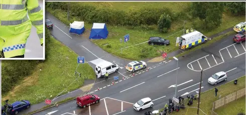  ??  ?? An aerial view, left, of the scene where PC Harper died, near Sulhamstea­d, Berkshire. Top, a police forensic expert takes a photograph at the roadside yesterday and inset, a Thames Valley Police officer takes charge of a floral tribute in memory of the brave constable