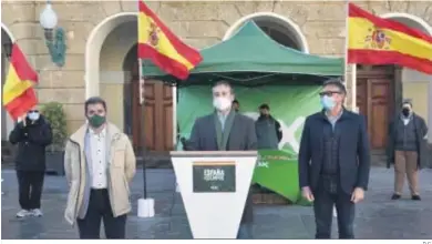  ?? D.C. ?? José Ortells (en en centro), en un reciente acto público de Vox a las puertas del Ayuntamien­to de Cádiz.