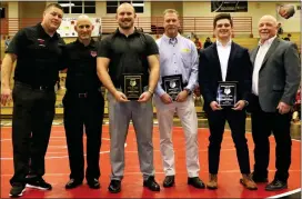  ?? COURTESY RICK MARTIN ?? Boyertown inducted three recent greats to its wrestling hall of fame, former state Jordan Wood and multi-time state medalists Gregg Harvey and Jakob Campbell at its recent meet against Owen J. Roberts. Pictured from left are Boyertown head coach Tony Haley, former coach Pete Ventresca, Jordan Wood, Gregg Harvey Sr. (accepting on behalf of son Gregg Harvey Jr.), Jakob Campbell and assistant coach John Cooley.
