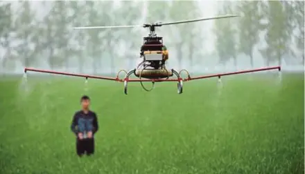  ?? PIC
AFP ?? A farmer, who practises smart farming, using a drone to spray crops in Bozhou, Anhui, China.