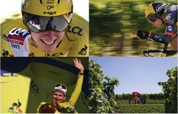  ?? — AFP photo ?? (Clockwise from top left) Team UAE Emirates’ Tadej Pogacar of Slovenia wearing the overall leader’s yellow jersey celebrates as he crosses the finish line, Team Jumbo Visma’s Wout van Aert of Belgium rides through the vineyards, Team Cofidis’ Simon Geschke of Germany rides his bike and Team UAE Emirates’ Tadej Pogacar of Slovenia celebrates his overall leader yellow jersey on the podium at the end of the 20th stage of the 108th edition of the Tour de France cycling race, a 30 km time trial between Libourne and Saint-Emilion.