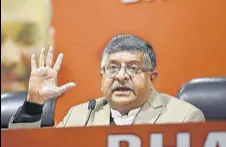  ?? PTI ?? IT minister Ravi Shankar Prasad said social media data of users must not be misused to influence the elections.