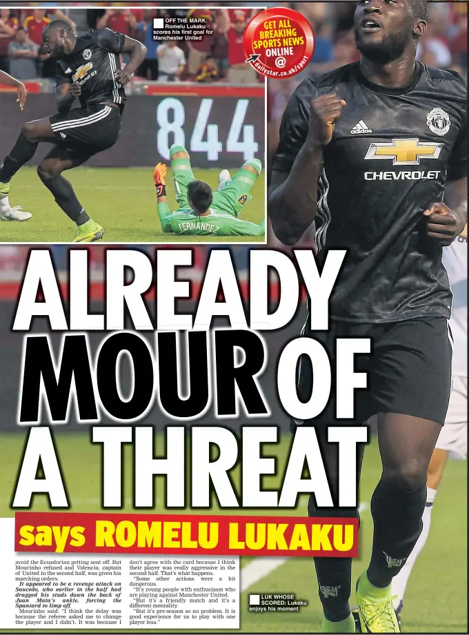  ??  ?? ■ OFF THE MARK: Romelu Lukaku scores his first goal for Manchester United ■ LUK WHOSE SCORED: Lukaku enjoys his moment