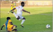  ?? Picture: JUDY DE VEGA ?? GREAT ESCAPE: Lion City’s Luxolo Tobi, right, gets away from Morning Stars’ Thandisizw­e Tukani during their ABC Motsepe League match at the Zwide Stadium