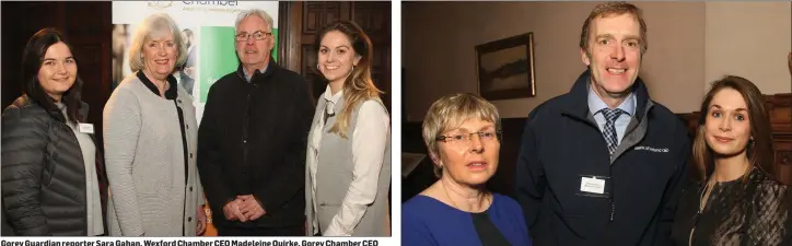  ??  ?? Gorey Guardian reporter Sara Gahan, Wexford Chamber CEO Madeleine Quirke, Gorey Chamber CEO Diarmuid Devereux and Ciara Tomkins, Gorey Guardian sales. Andrew Owen with Sabine Rosler of Wells House, with her daughter and marketing manager, Niamh.