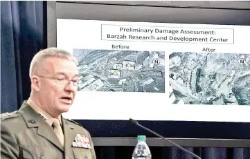  ??  ?? US Marine Lt Gen Kenneth F McKenzie Jr speaks during a news briefing at the Pentagon on the strikes against Syria. — AFP photo