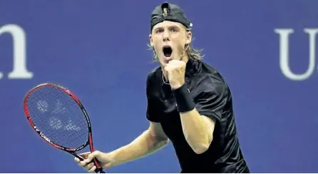  ?? ABBIE PARR/GETTY IMAGES ?? Denis Shapovalov celebrates after defeating Jo-Wilfried Tsonga of France during their second round match on Day Three of the U.S. Open on Wednesday.