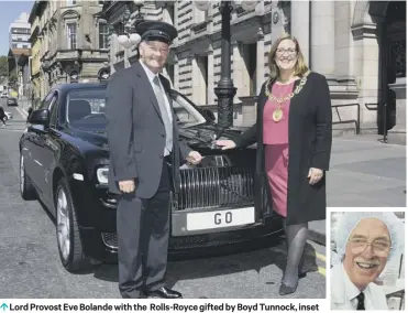  ??  ?? Lord Provost Eve Bolande with the Rolls-royce gifted by Boyd Tunnock, inset