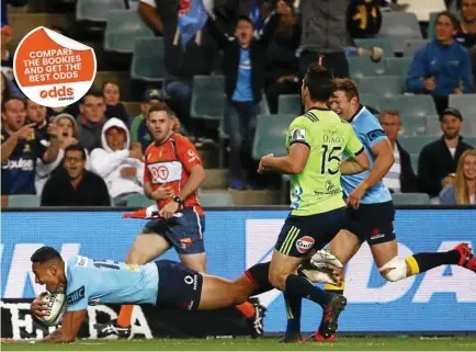  ?? Photo: AAP and SUPPLIED ?? TRY TIME: Israel Folau scores for the Waratahs, and below, Cam Clark cops a boot to the face from Tevita Nabura.