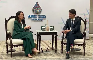  ?? STUFF ?? Prime Minister Jacinda Ardern talks to Canada’s Justin Trudeau on the sidelines of the Apec Forum, in Thailand.