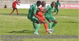  ??  ?? FC Platinum’s William Stima and Simon Shoko deny Bulawayo City striker Mkhokheli Dube a free passage during a Castle Larger Premier Soccer League match played at Barbourfif­ields Stadium
Picture by Obey Sibanda