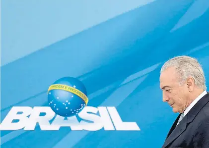  ?? AP ?? Dificultad­es. El presidente brasileño Michel Temer, debilitado por las presiones dentro de su partido.