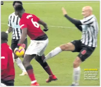  ??  ?? RED MISSED Jonjo Shelvey got away with this ‘assault’ on Paul Pogba