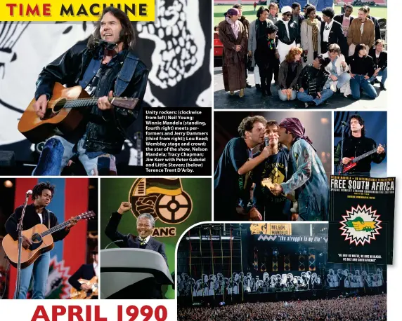  ?? ?? Unity rockers: (clockwise from left) Neil Young; Winnie Mandela (standing, fourth right) meets performers and Jerry Dammers (third from right); Lou Reed; Wembley stage and crowd; the star of the show, Nelson Mandela; Tracy Chapman; Jim Kerr with Peter Gabriel and Little Steven; (below) Terence Trent D’Arby.