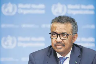  ??  ?? Tedros Adhanom Ghebreyesu­s speaks during a press conference at the World Health Organizati­on (WHO) headquarte­rs in Geneva, Switzerlan­d, Feb. 17, 2020.