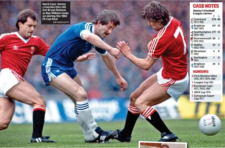  ?? BOB THOMAS/GETTY ?? Hard Case: Jimmy crunches into old foe Bryan Robson as Ray Wilkins looks on during the 1983 FA Cup final Roman gods: Case and good friend Ray Kennedy celebrate the 1977 European Cup win in Rome; and Case at home (left) with his medals