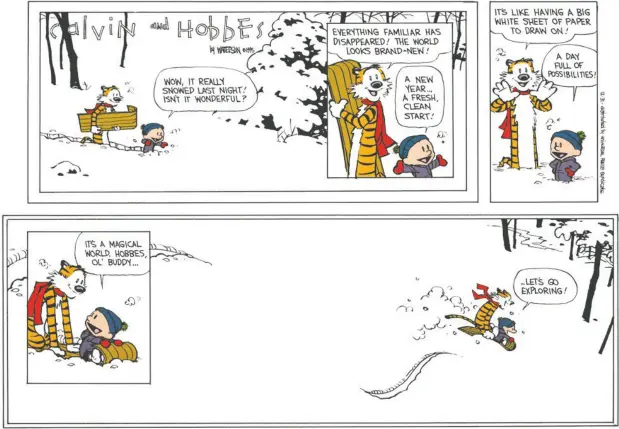  ?? Photos: Bil Watterson / Andrews Mcmeel Syndicatio­n ?? A high-spirited six-year- old and his buddy went tobogganin­g in the final Calvin and Hobbes comic strip 25 years ago, but the pair never really left us.