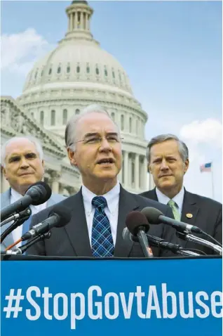  ?? J. SCOTT APPLEWHITE/ASSOCIATED PRESS ?? Mike Kelly (left), Tom Price, and Mark Meadows, all GOP House members, at a news conference about the 40th bill the chamber has passed against the health care law.