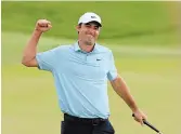  ?? SAM GREENWOOD GETTY IMAGES FILE PHOTO ?? Scottie Scheffler celebrates after making his putt to win on the 18th green during the final round of The Players Championsh­ip in 2023. Scheffler will be looking to repeat the feat this weekend.