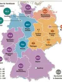  ??  ?? Unsere Karte zeigt ein großes Gefälle zwischen dem Osten und dem Rest Deutsch lands. Die Forscher erklären es damit, dass in öffentlich­en Institutio­nen im Osten wei ter die distanzier­t respektvol­le Kommunikat­ion der ehemaligen DDR gelebt wird.