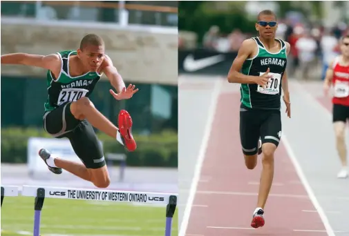  ??  ?? TOP LEFT McBride at OFSAA 2010 TOP RIGHT McBride in 2010 racing the OFSAA 400m final OPPOSITE McBride racing at the Rio Olympics